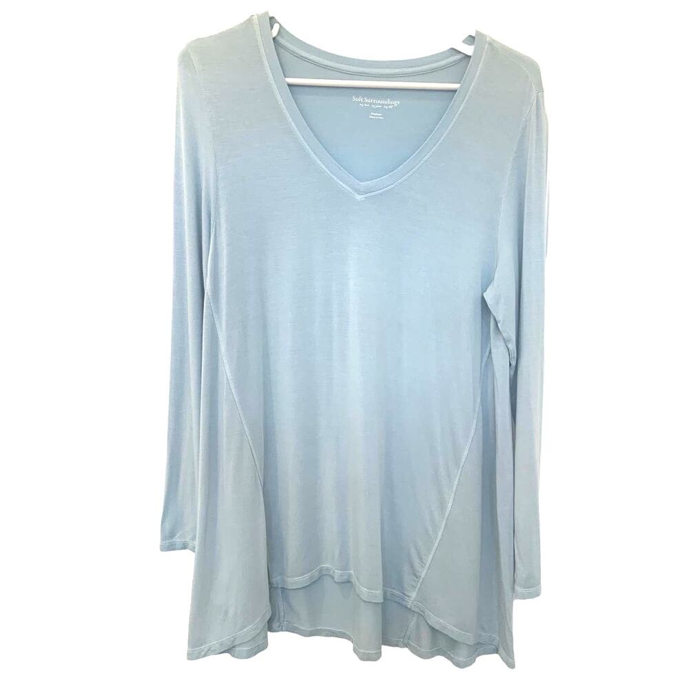 Soft Surroundings Top M Pale Blue V Neck Stretch Soft Long Sleeve Hi Low Coastal
